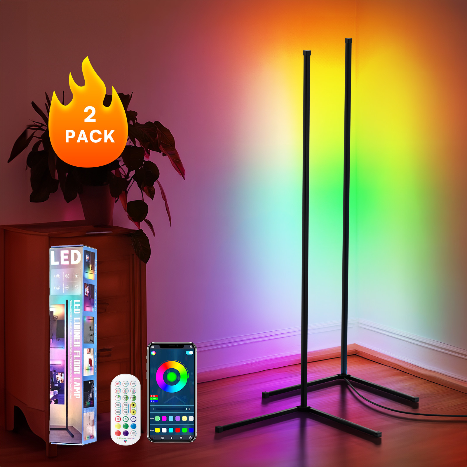 

1/ 2 Pack Led Corner Lamp, 1.42 Meters High, Rgb Color-changing Standing Lamp, App And Remote Control, Bounces With , Suitable For Game Room And Bedroom Holiday Decoration