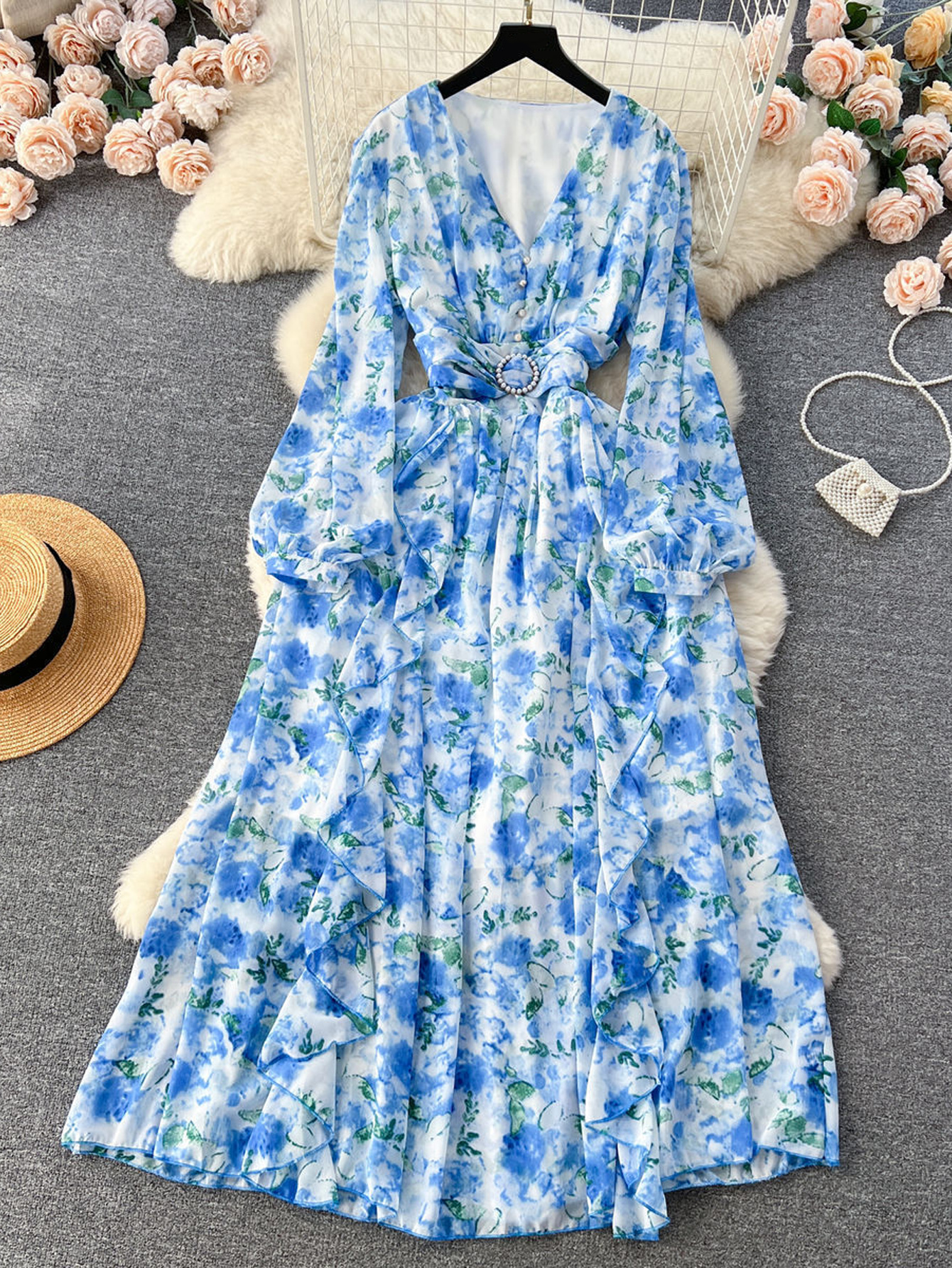 womens floral print dress waist cinching flared maxi dress - Temu Iceland