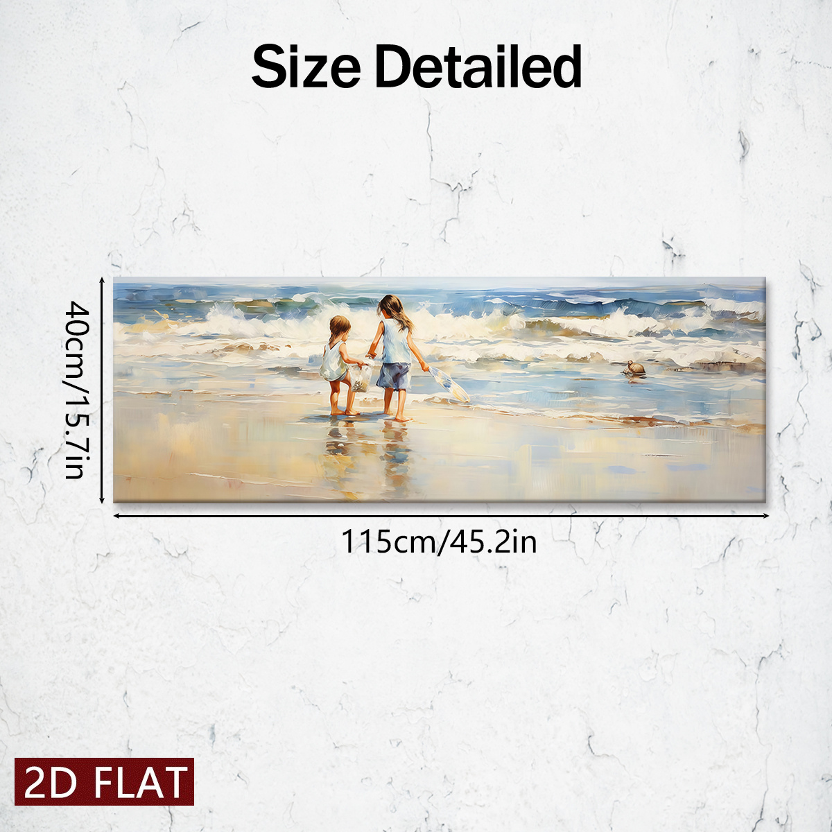 TEMU 2d Flat, 2d Flat, 2d Flat A Single Piece Of Canvas Art With A Wooden Frame Depicting Children The Beach Ocean Waves. This Beautiful Poster Makes
