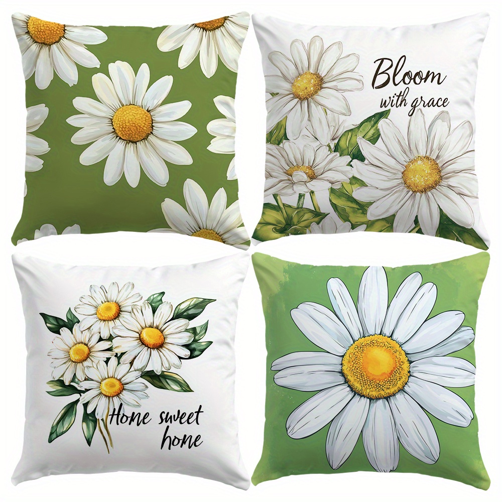 TEMU Juego de 4 fundas de almohada de de 18x18 pulgadas, margaritas "Hola ", fundas de cojín de poliéster para sofá, sillón y cama, decoraciones de