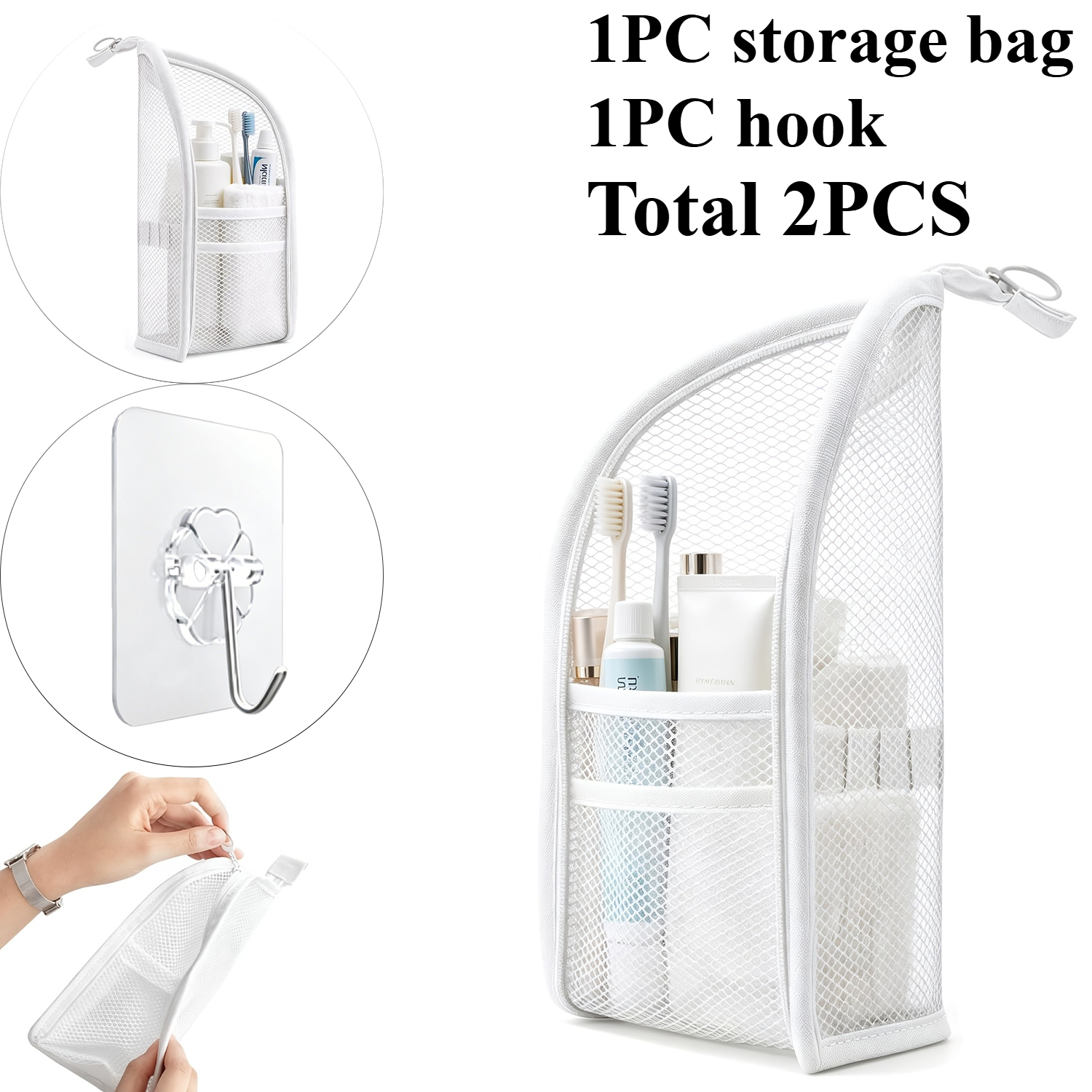 Image of 1 Storage Bag (includes 1 Hook), Upright Toiletry Bag Set, Foldable Transparent Hanging Travel Cosmetic Pouch, Large-capacity Essentials, Suitable For Storing Toiletries, Cosmetics, And Products
