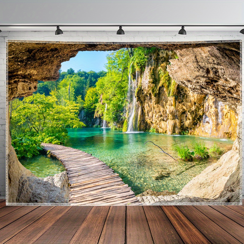 TEMU 1 pieza - Tamaño ultragrande - Tapiz con impresión digital enorme de paisaje de cueva , bosque y lago, impresión estética de definición en