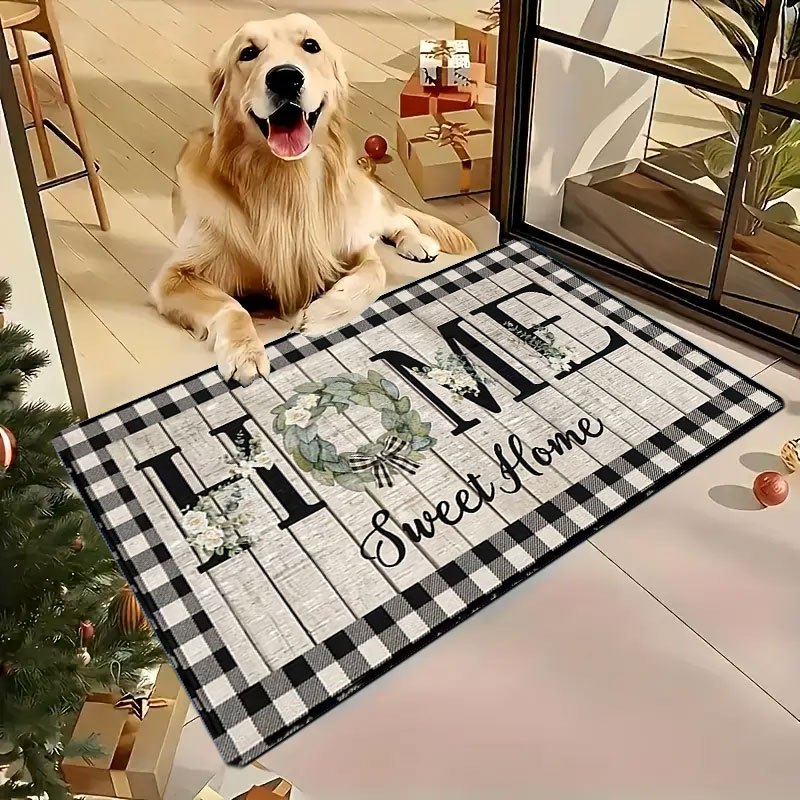 TEMU 1pc Indoor Entrance Welcome Doormat {sweet Home & Floral Wreath} Flannel Nonslip Comfortable Easy To Clean Great For Bedroom Living Room Or Home