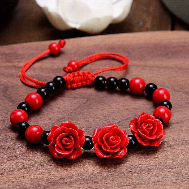 TEMU Random Style Adjustable Beaded Bracelet With Red Rose Beads, Featuring Ethnic Rose Charm, Perfect For Daily Wear And Holiday Additions