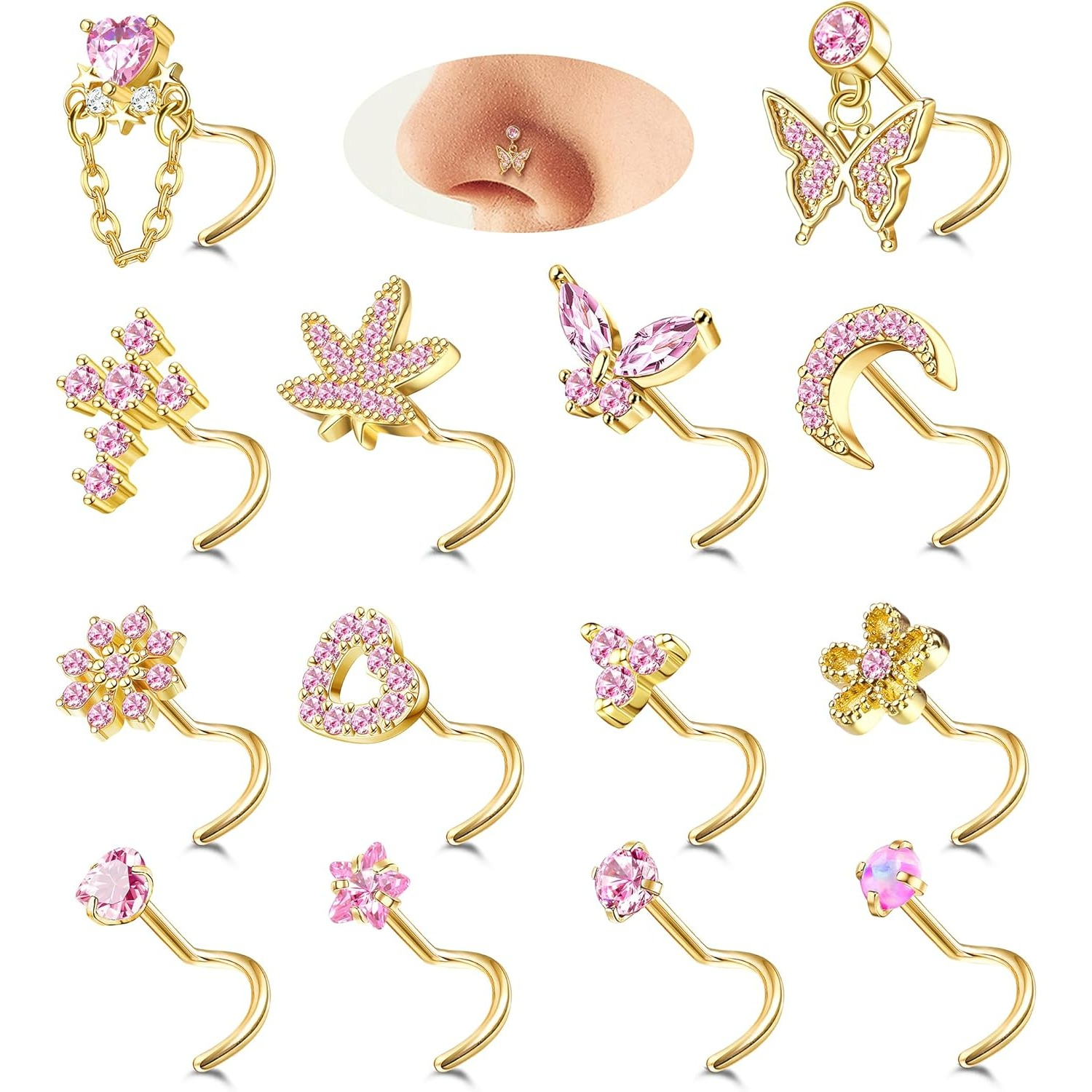 Image of 14pcs 20g Dangle Nose Studs For Womens L Shaped Stainless Steel Corkscrew Dangly Nose Rings Stud Nose Piercing Jewellery For Women