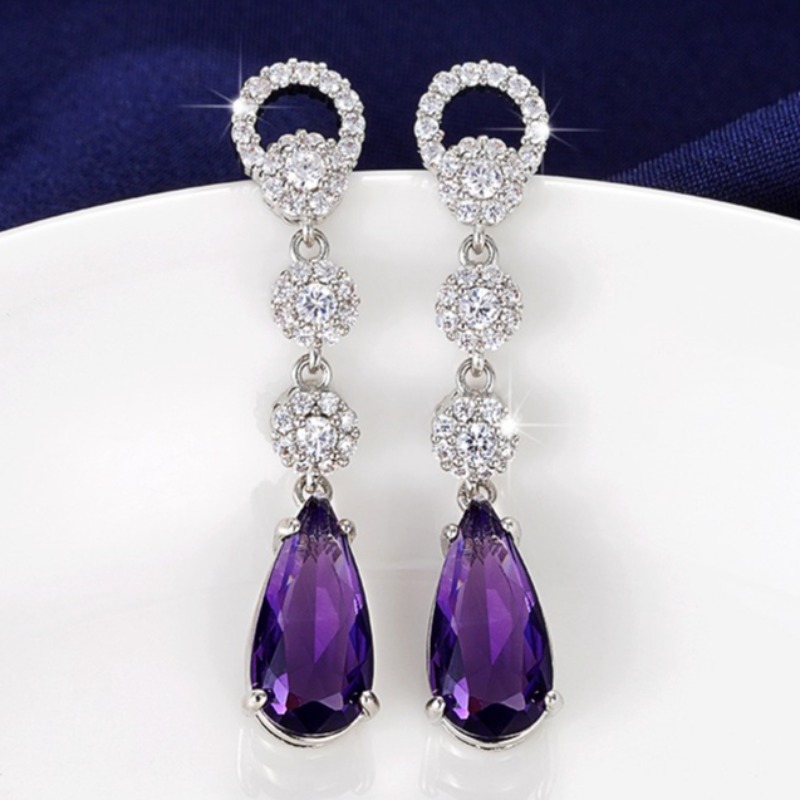 TEMU 1 Paire de Boucles d'Oreilles Pendantes Tendance Luxe Haute Qualité Incrustation Violette Longue Goutte Boucles d'Oreilles pour Femmes Banquet