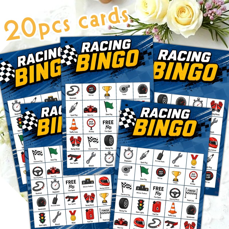 TEMU 20pcs Cmd Bingo Cards, Fun Racing Bingo Cards Cool Racing Car Checkered Flag Bingo Party Games For Classroom Activities Icebreaker Games Holiday