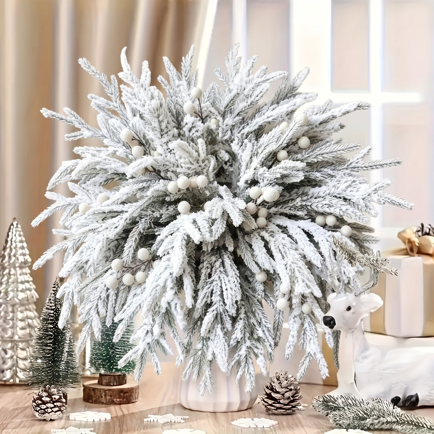 TEMU Ensemble de 30 pièces de branches d'if artificielles blanches d'hiver et de cèdre, de neige simulés et aiguilles de pin - Convient pour les