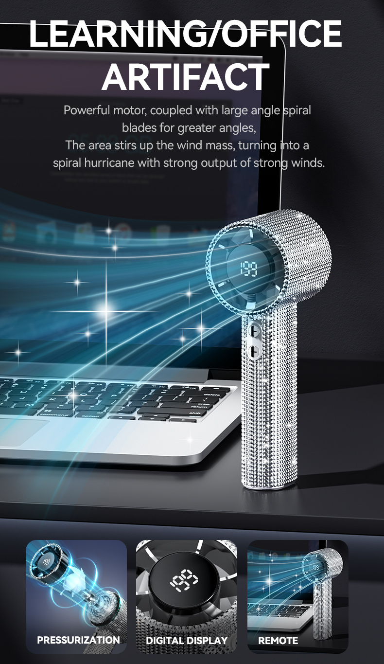 Diamond-Style Handheld Fan, Portable Hand Fan, Adorned with Sparkling Faux Diamonds, High-Speed Fan with 199 Adjustable Speed Settings, Featuring a Digital Display, USB Rechargeable, Exquisite Long-Lasting Battery Life, Available in Two Colors