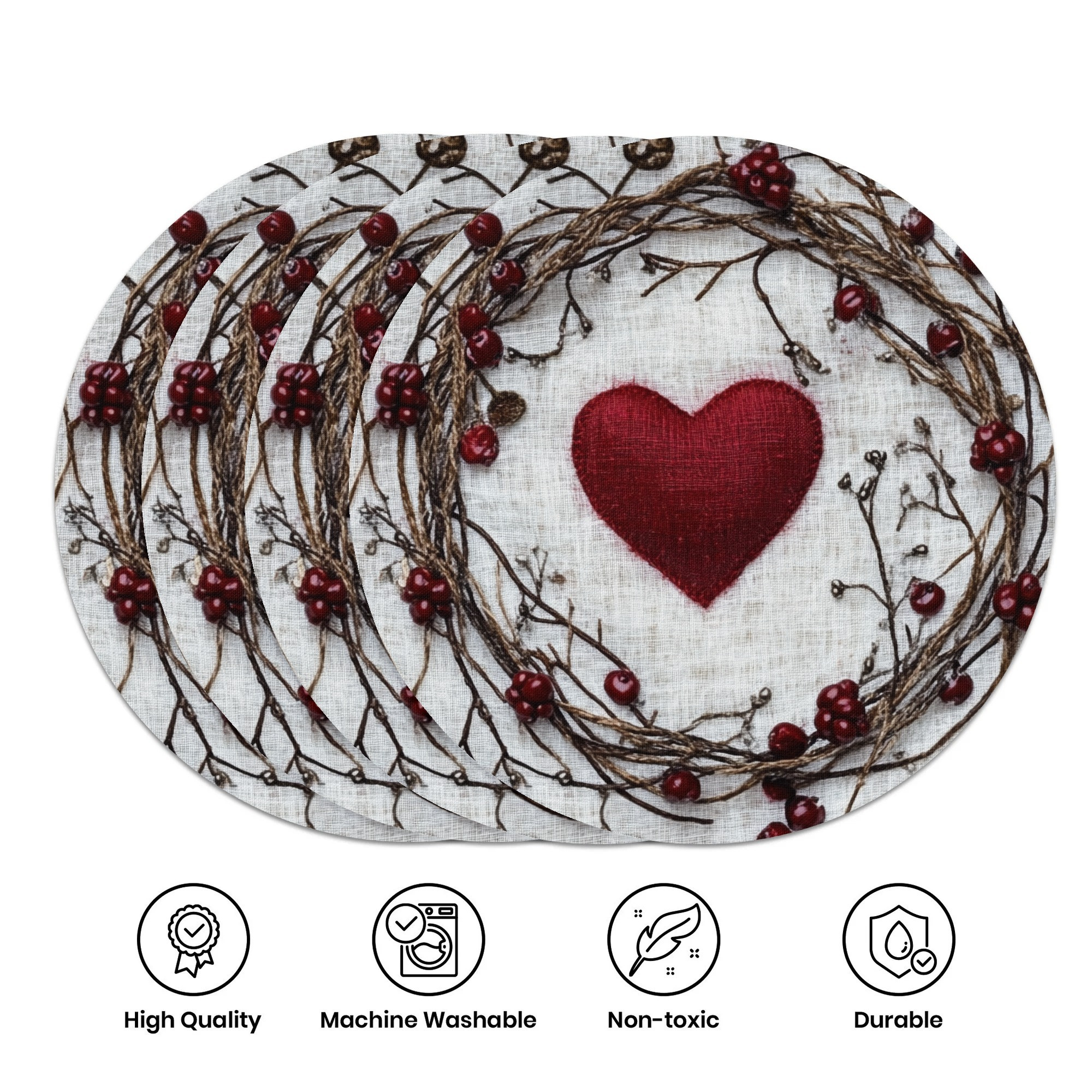 

4-pack Valentine's Day Red Heart Placemats, Polyester Woven Round Table Mats, Hand Wash Only, Non-slip, Washable Dining Decor For Home, Kitchen, Banquet, Party - 15