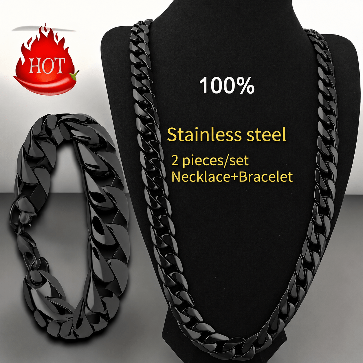 TEMU 2pcs Cuban Chain Decor Items - Classic Combination Of Necklace And Bracelet - Classic Jewelry Set