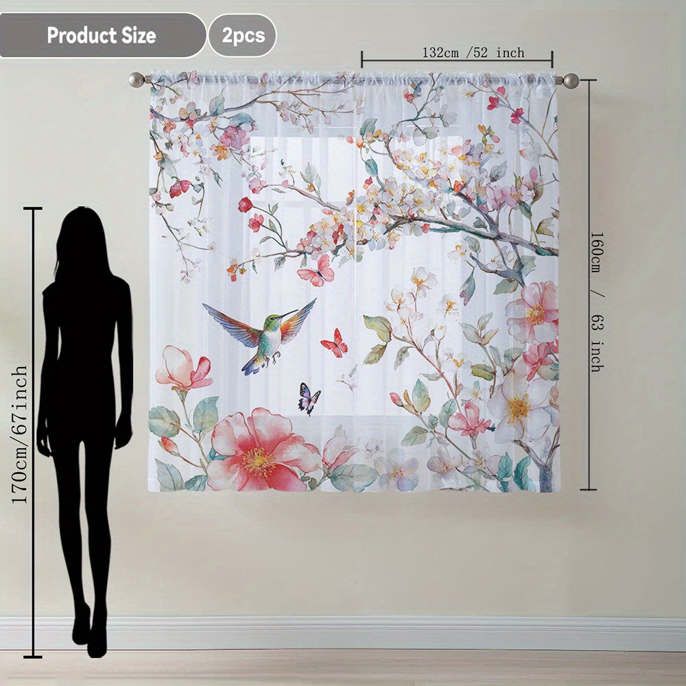 TEMU 2pcs Rideaux Transparent Colorés à Imprimé Floral de , Design de Poche à Tige, Tissu Polyester Léger pour Cuisine, Salon, Balcon, Décoration de