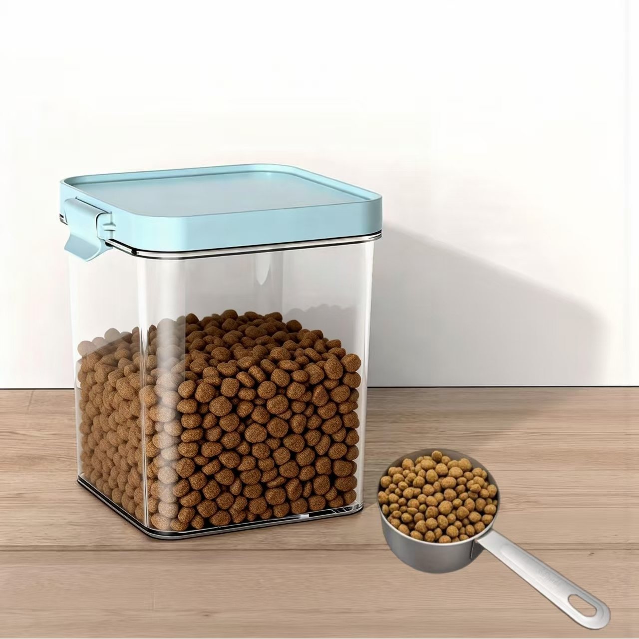 item picture 2pcs 1pc food storage container and 1pc steel measuring spoon transparent airtight dog food storage containers 1200ml 2 65  4 cup stainless steel measuring spoon keep bugs and moisture at bay ideal for storing   food