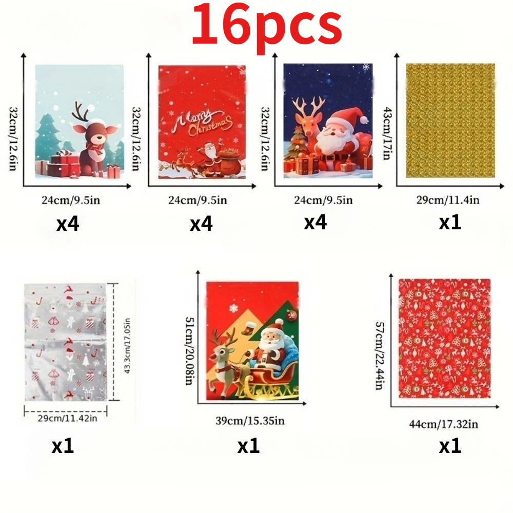 TEMU 16pcs Christmas Gift Packaging Bags With Ropes, Cute Cartoon Patterns, Reusable For Gifting And Party Favor Packaging, Sizes , Suitable For