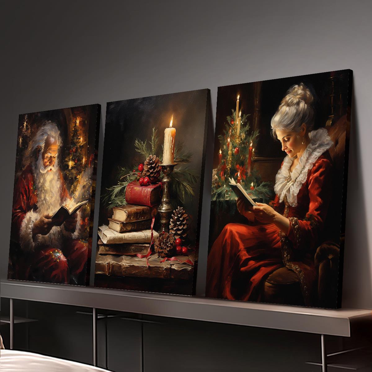 TEMU 3pcs Large Victorian Framed Canvas Wall Art - Christmas Santa Claus, Books & Candles Paintings, Wood Frame Ready-to-hang Mural Suitable For Home