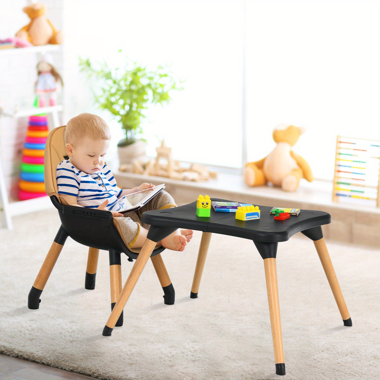 COSTWAY 6-in-1 Convertible High Chair with 6-in-1 Functionality - Wooden & Plastic Construction, Adjustable Height & 5-Stage Developmental Support - Image 4