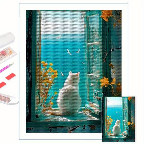5d diy elmas boyama seti, deniz manzaralı pencere kenarındaki kedi, yuvarlak matkap akrilik 30cmx40cm/11.8inx15.7in, çerçevesiz sanat ev duvar dekoru, , arkadaşlar, doğum günü, tatil, yıldönümü için hediye