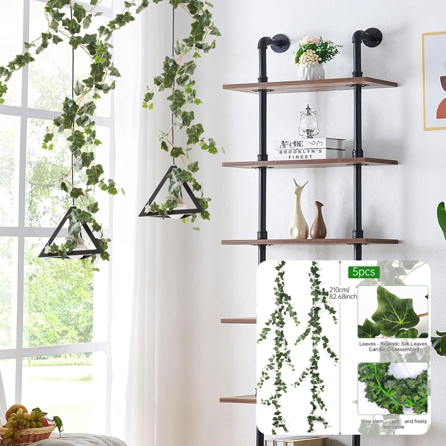 Image of 5pcs Artificial Vines Ivy Garland, 210cm/ 82.68inch Fake Vine With Green Leaves Faux Ivy Garland Vine Fake Hanging Plants Artificial Greenery Decor For Wedding Home Wall Party Indoor Outdoor Decor