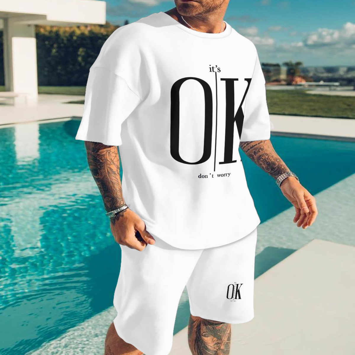 

Men's Summer Casual Sportswear Set - Breathable 3d Printed T-shirt & Shorts Combo, Stretchy Polyester , Machine Washable