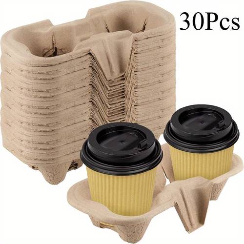 30pcs high quality fiber drink carriers 2 cup molded fiber holders for hot or cold beverages coffee trays with easy carry handles caf restaurant or home use
