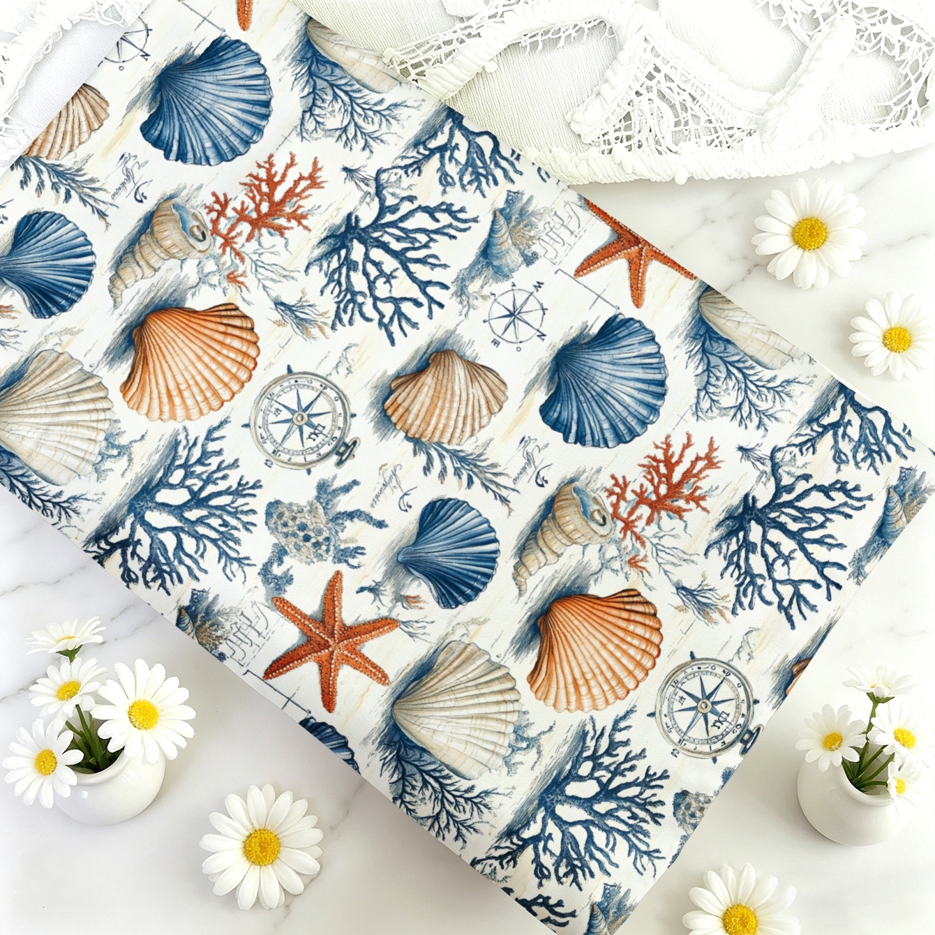 TEMU 1pc Marine Shell Coral Pattern Fabric, Optional, Soft And Comfortable Material, Polyester Handmade Cloth, Suitable For Quilting, Crafts, Bags,