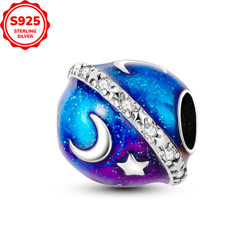 925 Sterling Silvery Star Moon Planet Orbit Bead Charm Pendant