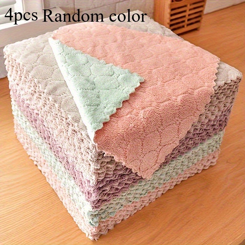 TEMU 4pcs Random Color Kitchen Double-sided Dish Cloths, Thickened Large Coral Dish Towels, Absorbent And Oil- Dishwashing Cloths