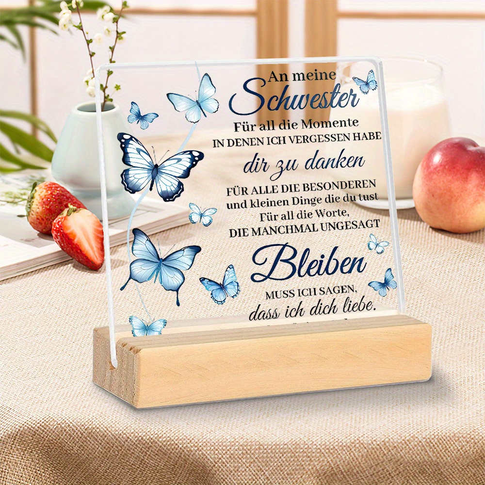 E-shop 2D Flach, 1 Stück Quadratisches Acryl mit Holzsockel, Putuo-Dekoration Holzsockel Acryl-Dekoration – Für Meine Schwester – Schmetterlingsmuster