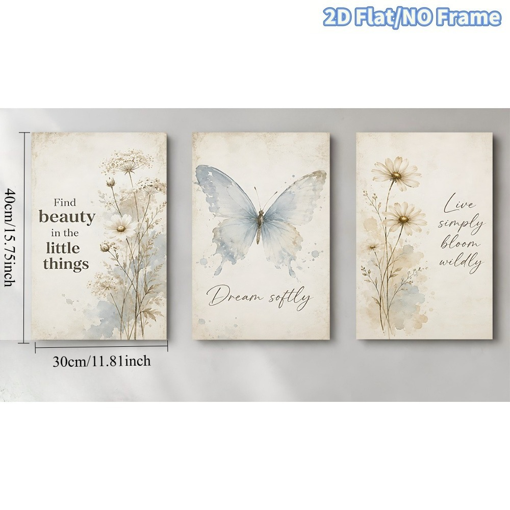 TEMU 2d Flat, 2d Flat Frameless 3pcs Canvas Wall Art Set With Floral And Inspirational Quote Themes, Decor Gift, Suitable For Father's Day,