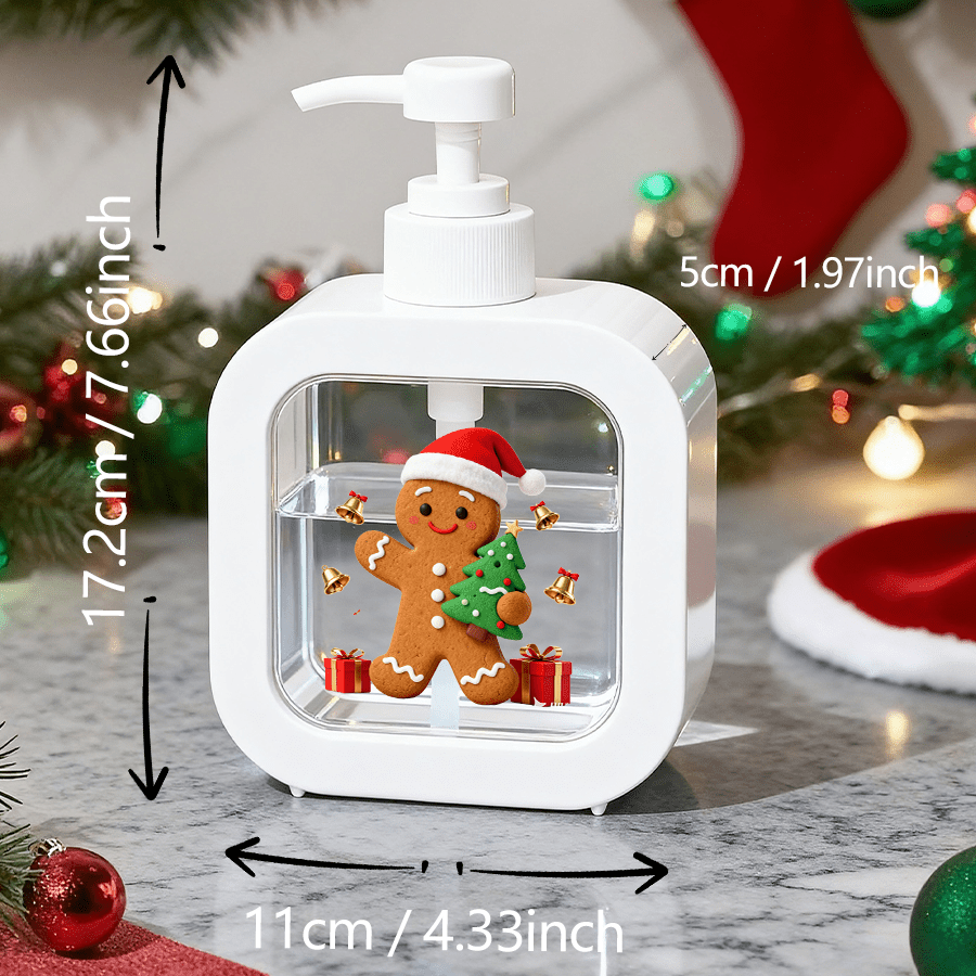 TEMU Bathroom Dispenser With A Hand Pump - Features A Christmas Gingerbread Man Holding A Small Christmas Tree, Surrounded By Bells And Gift Designs,