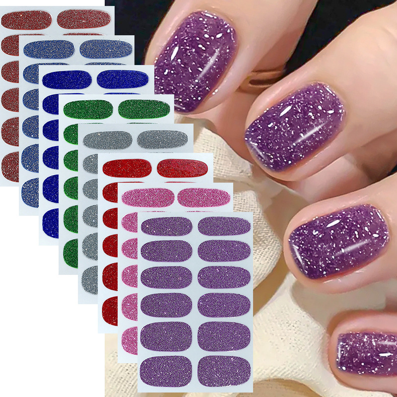8 Nude Solid Color Glitter Nail Stickers Full Cover 12 Finger Glitter Nail Stickers