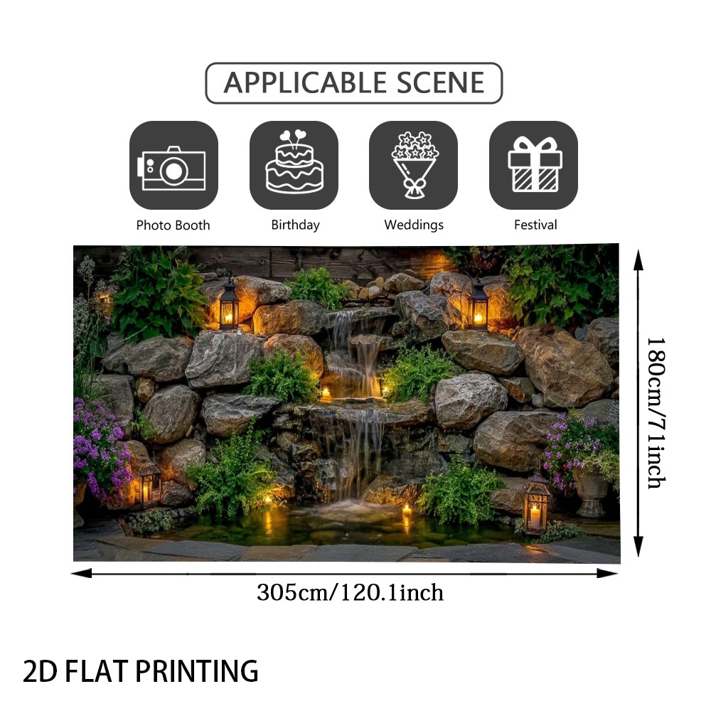 TEMU (2d Flat) 1pc Garden Rock Waterfall Pond Garage Door Banner, Decorative Fence, , Polyester Fiber, Suitable For Wind Shielding, Wedding, Balcony,