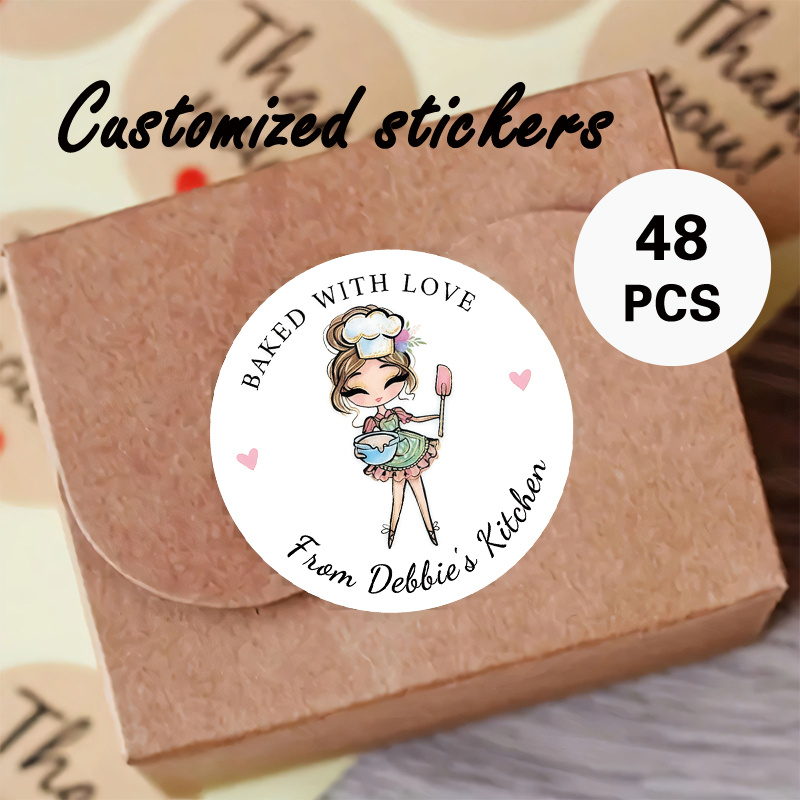 TEMU Custom 48/96pcs Baking Round Stickers, Personalizable With Name Etc. Cartoon "" Design. Applicable For Baked Goods Packaging, Gift Tags, Decor