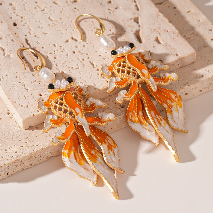 

Elegant Chinese-inspired Koi Fish Dangle Earrings With Pearl Accents - Vintage Hanfu Style, Silvery Posts For Women | Parties & Holidays