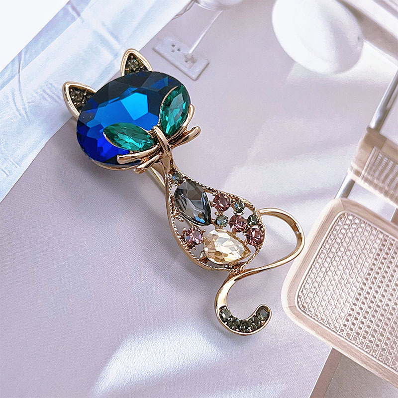 E-shop Retro Blaue Strass Katze Brosche, Modische Luxus Schmuck für Damen, Elegante und Einzigartige Katzenförmige Brosche mit Funkelnden Strass