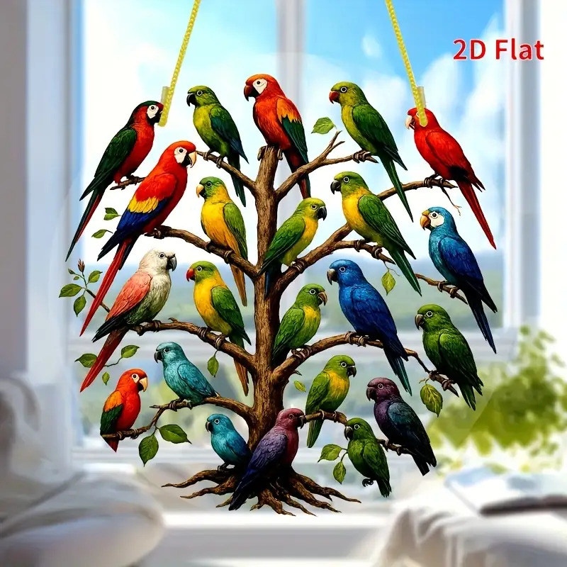 TEMU Peinture Murale Acrylique Bidimensionnelle 2D Plate 8x8 pouces "Arbre à Perroquets" - Convient pour la Décoration de Chambre, Cuisine, Salle à