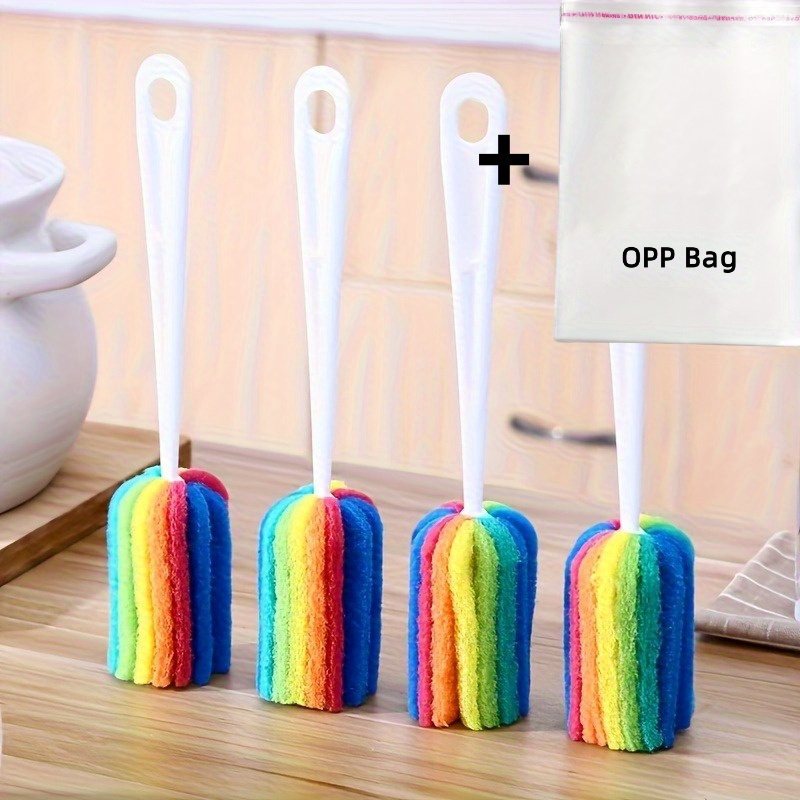 TEMU 4-pack Brushes + 1pc Opp Bag - Long Handle Multicolor Scrubbers For Kitchen, Non-electric Cleaning Brushes For Glass & Thermal Bottles, Durable