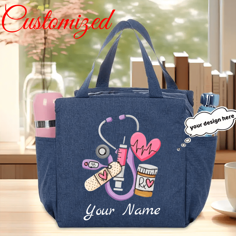TEMU Customized Name Nurse Tote Bag | Reusable With Stethoscope Design, Zipper Closure, Multiple Pockets, Machine Washable, Lining - Ideal For