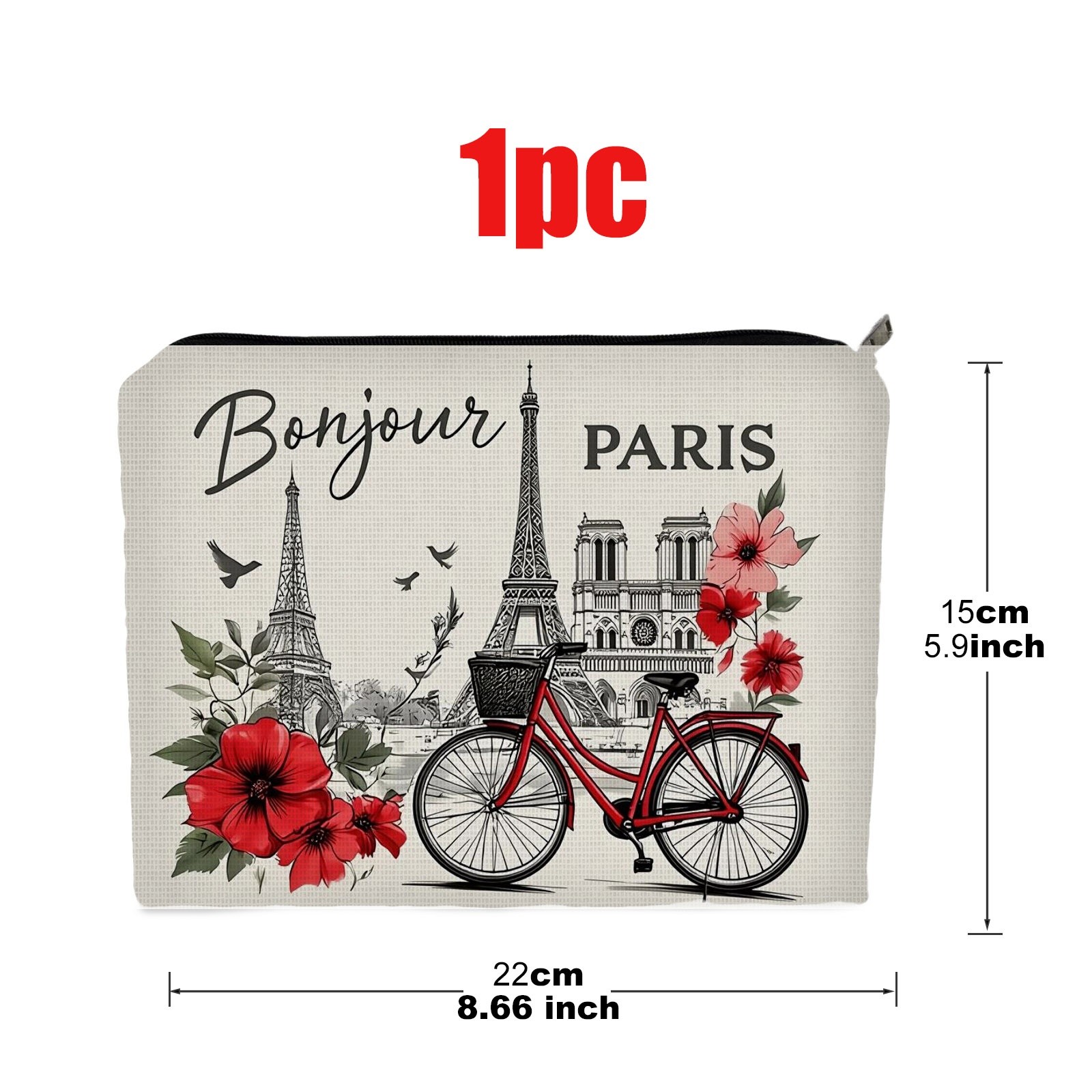 TEMU 1pc Vintage Paris -themed Makeup Bag, Double-sided, 5.9×8.66in Polyester, Elegant Nostalgic With Eiffel Tower, , & Flowers Pattern, Ideal For