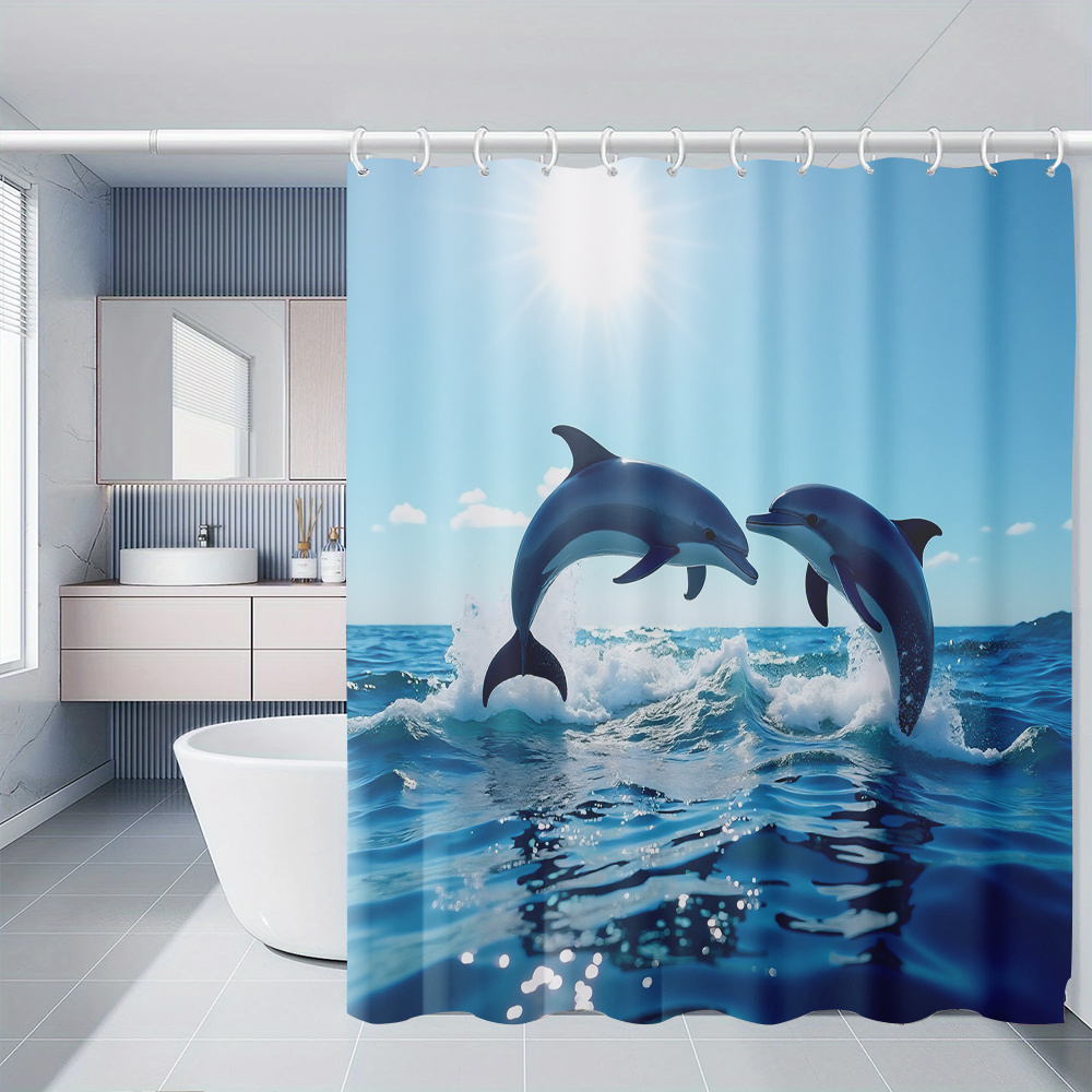 TEMU 1pc Dolphin Leaping Over Waves Printed Shower Curtain, Home Decor Bathroom Curtain, Polyester Fabric Bathtub Curtain With 12 Hooks, Suitable For