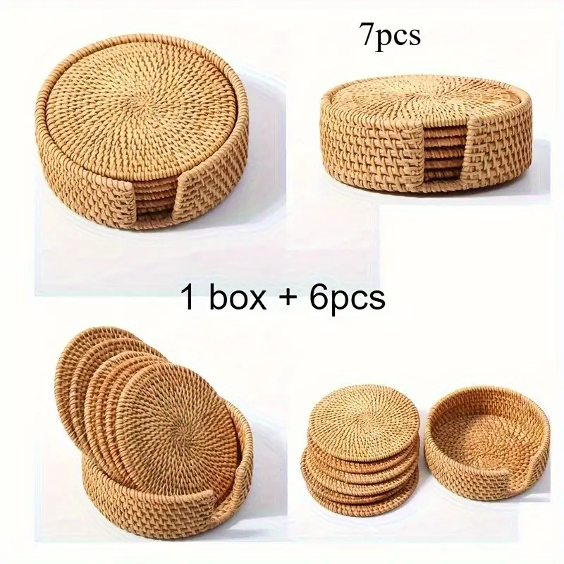 Set of 6 Handcrafted Rattan Coasters Plus 1 Woven Storage Accessory for Tea Sets, Designed for Gongfu Tea, Serving As an Insulation Pad And Heat-Resistant Kitchen Utensil Pad