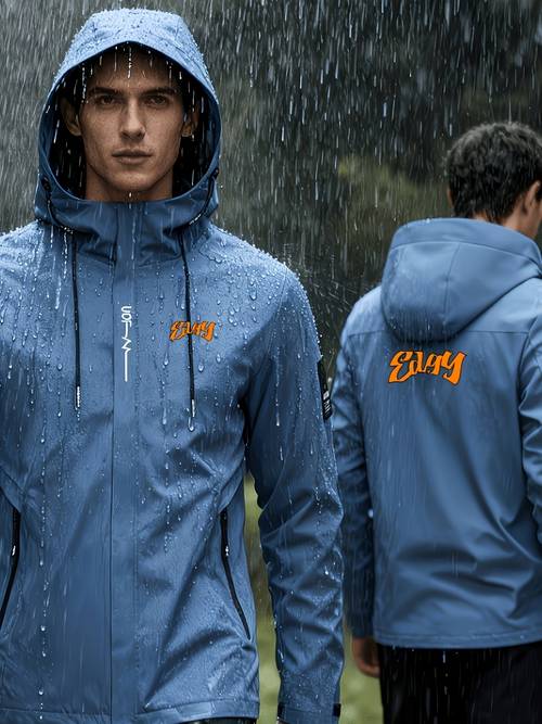 2026 new mens outdoor windproof hooded jacket for hiking trekking and camping printed jacket mens heavy duty high quality not bulky hooded windproof jacket suitable for and strong full zip with logo patch