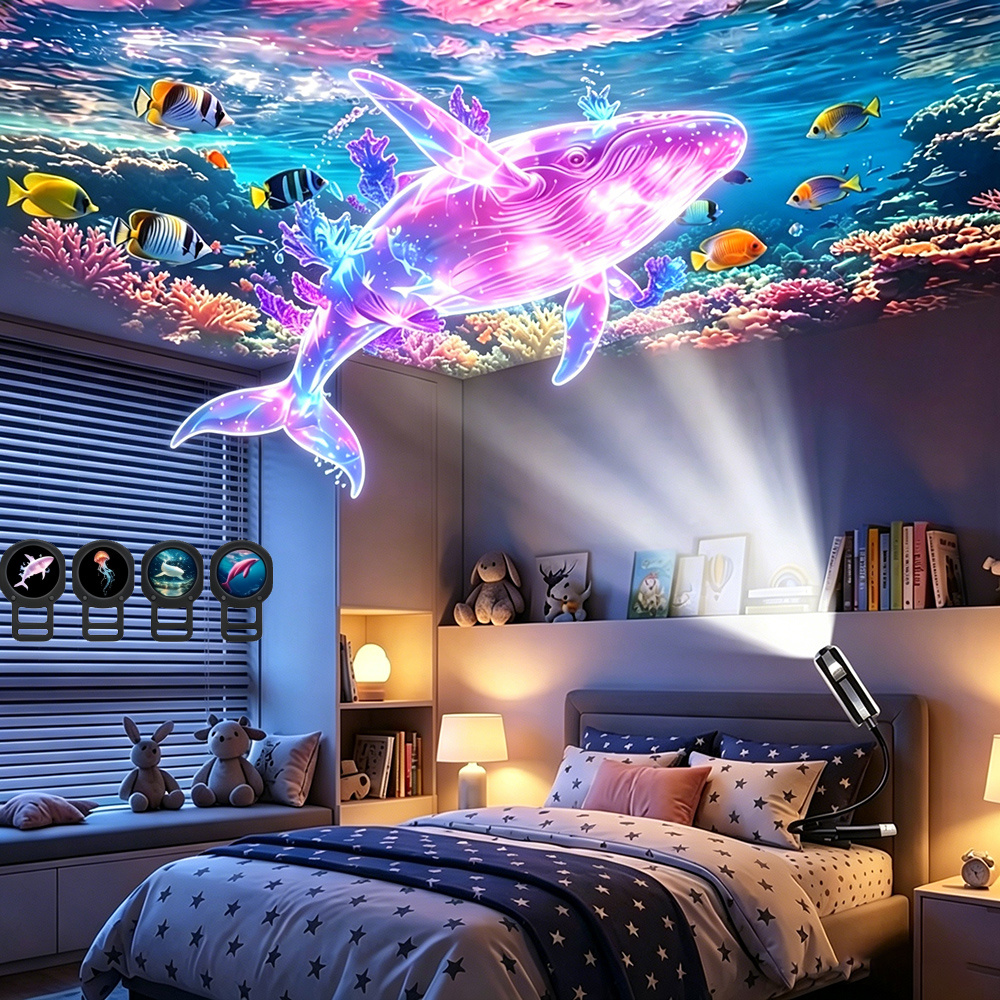 TEMU 1 Set di luci notturne portatili USB a di creature marine - con motivi oceanici sostituibili (2 balene, 1 medusa, 1 delfino) Luci ambientali a