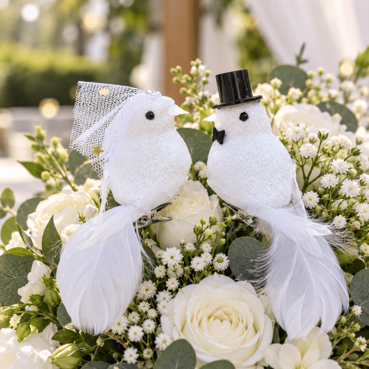 TEMU 2pcs Set Wedding Decoration Small Birds With , Groom And Bride Bird Clip-on Wedding Ornaments, Banquet Table Flower Bouquet Decor
