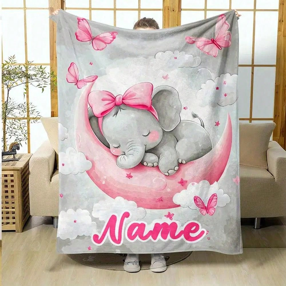 Custom Name Blanket with Light Gray and Pink Elephant Pattern