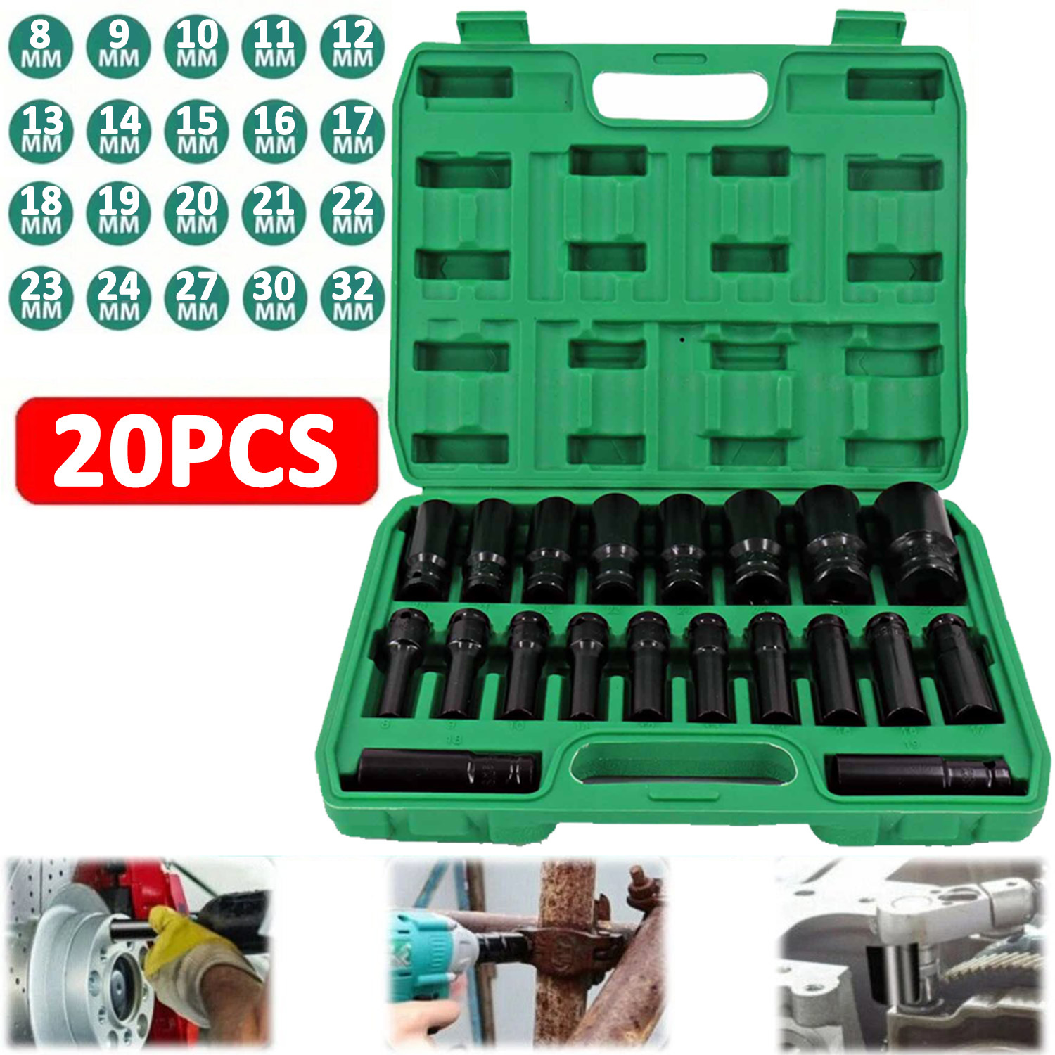 TEMU 20pcs 1/2 Inch Drive Deep Impact Socket Set, 6-point Metric 8-32mm Heavy Duty Sockets For Narrow Repair With Portable Storage Box