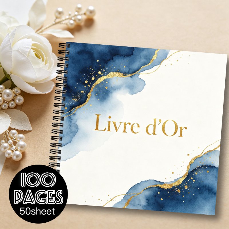 TEMU 1pc 'invités avec signature, Art aquarelle bleu et doré avec couverture de , Carnet de messages, Cadeau idéal pour et , Convient à divers
