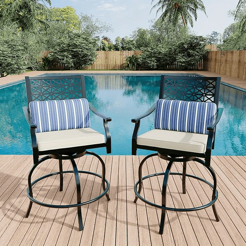 set of outdoor high swivel bar stools with beige cushioned seats