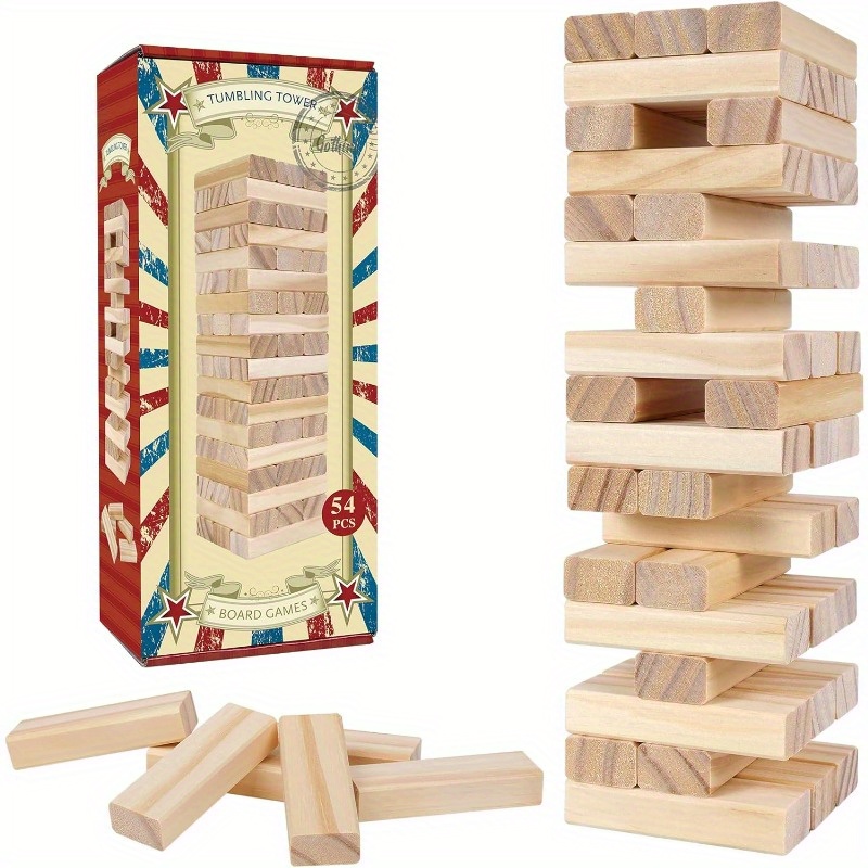 Tumble Tower Game for and Adults 54pcs Wooden Board Stacking Game for Family Games Night Classical Wood Blocks Game Standard Size