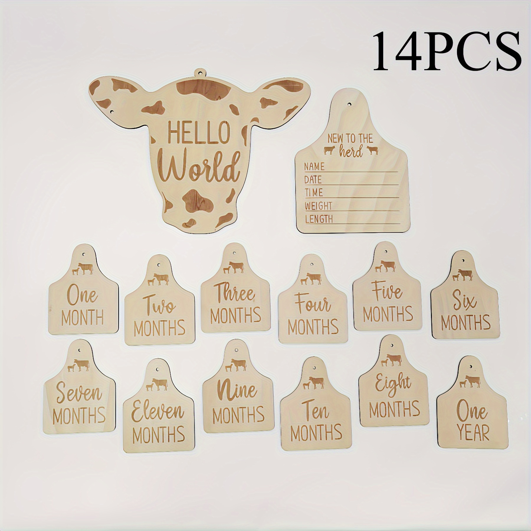 TEMU 2d Flat, 14pcs Modern Wooden Cow Print "hello World" Milestone Plaques & Name Signs - Wood Wall Decor With Name Tags, Suitable For, Room, Signs,